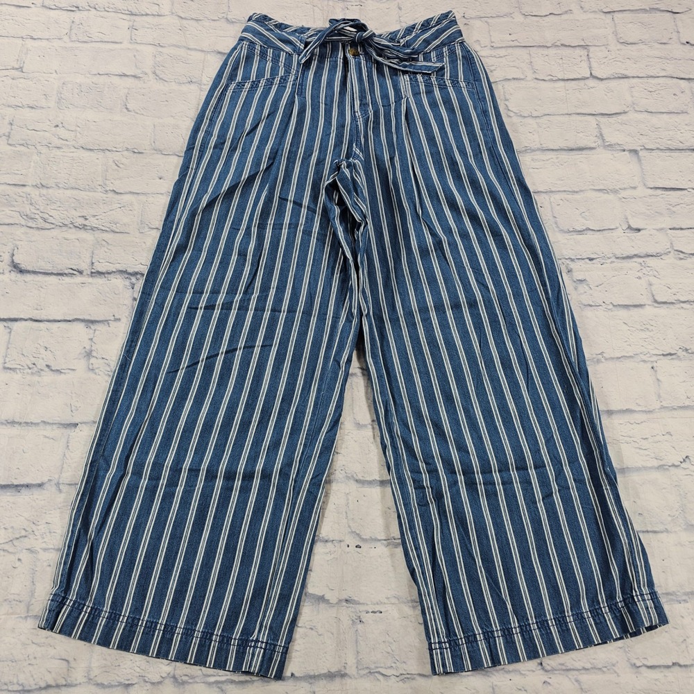 American Eagle Wide Leg Pants WOMENS 4 Blue White Striped Tie Waist Nautical
